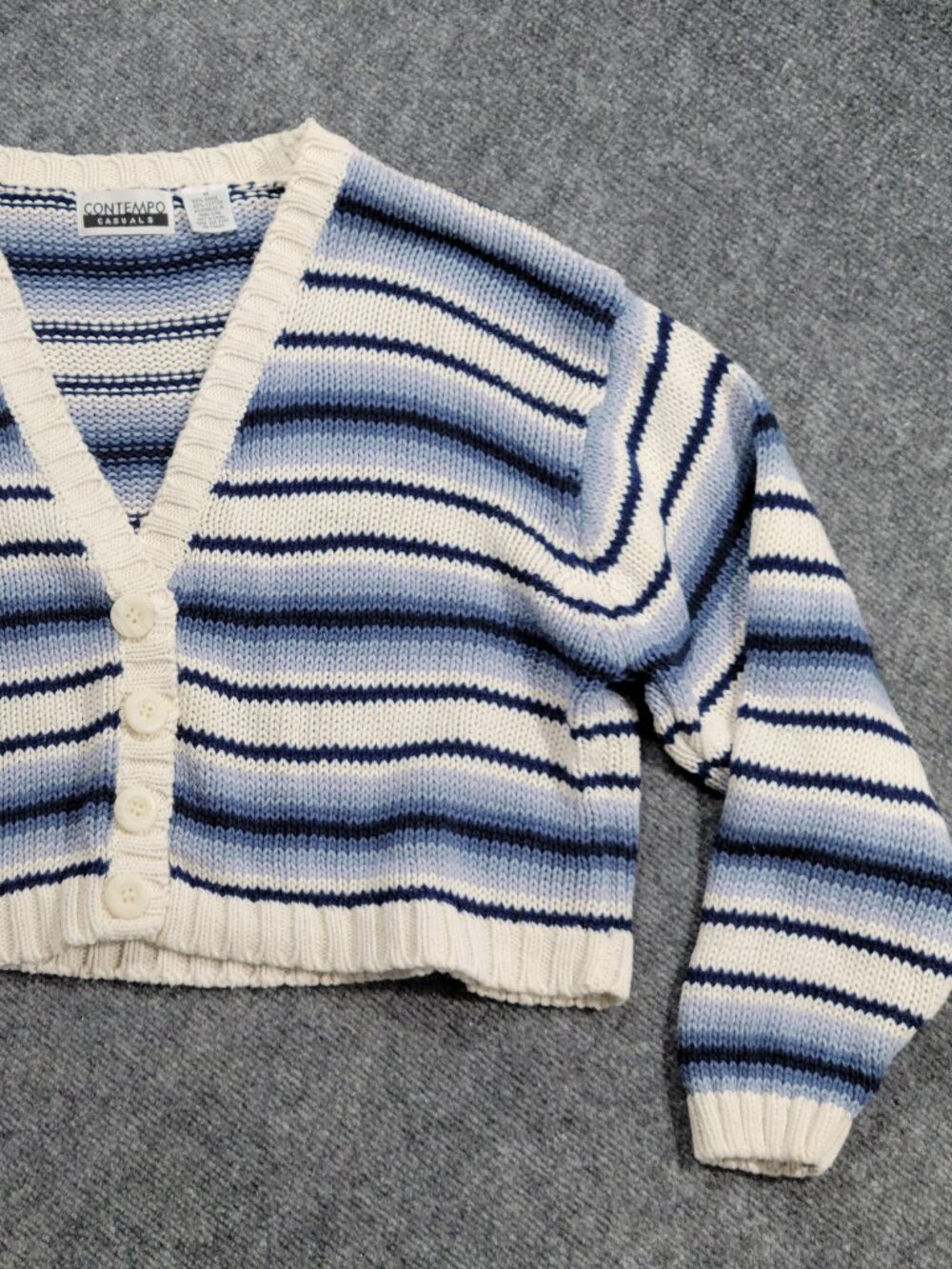 CONTEMPO Casuals Blue White Striped V-Neck cropped button-up knit cardigan